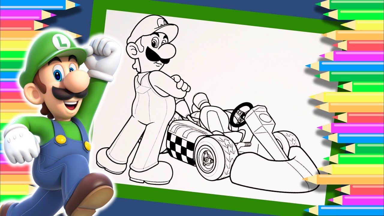 Luigi and his kart from mario kart coloring fun easy and fun coloring page