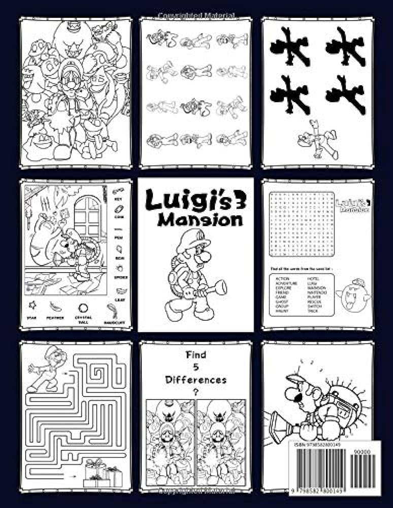Luigis mansion activity book relaxation one of a kind maze hidden objects coloring find shadow spot differences dot to dot word search activities books for kids boys girls dawson fraser