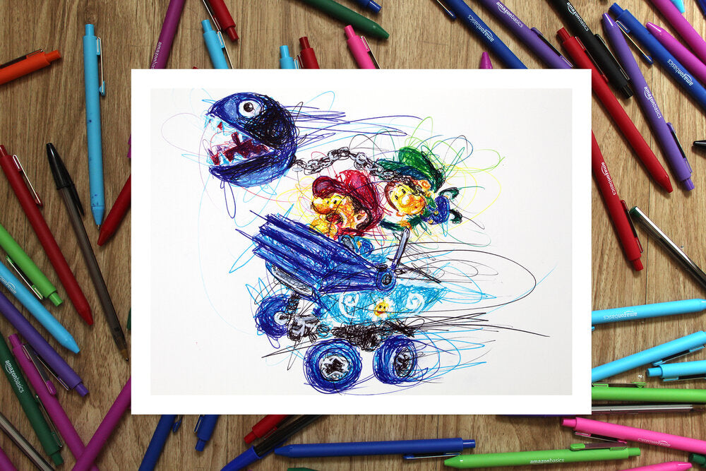 Baby mario and luigi kart ballpoint pen scribble art print â cody james by cody