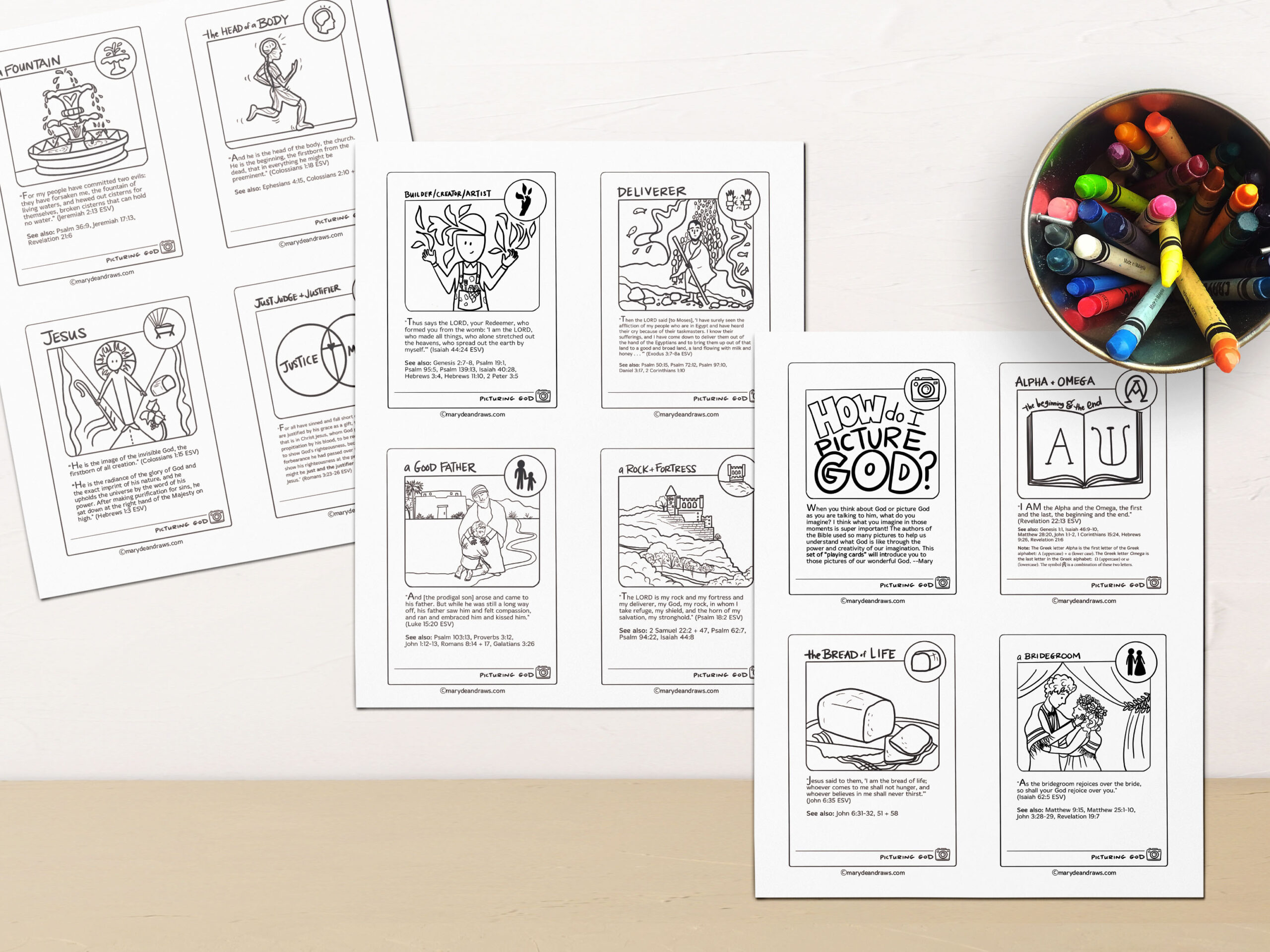 Full quarter page printable âplaying cardâ coloring set picturing god