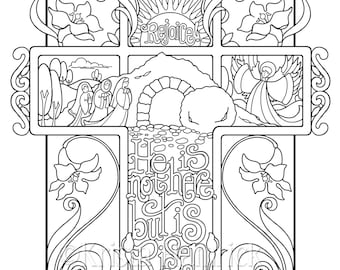 He is not here but is risen luke coloring page in two sizes x bible journaling tip