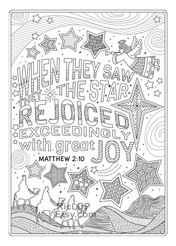 Two christmas coloring pages xmas posters matthew luke yuletide ornaments stars baby jesus angel digital download