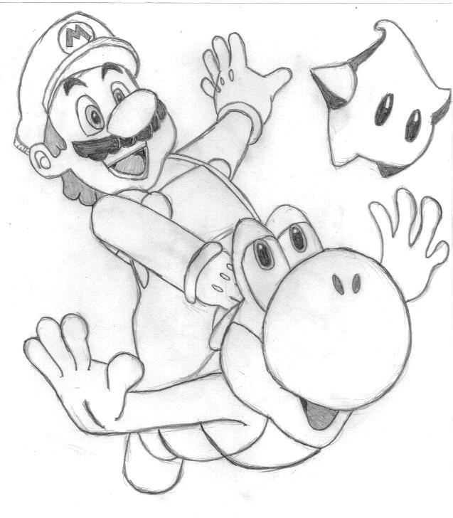 Mario riding yoshi with luma by otakutsukonko