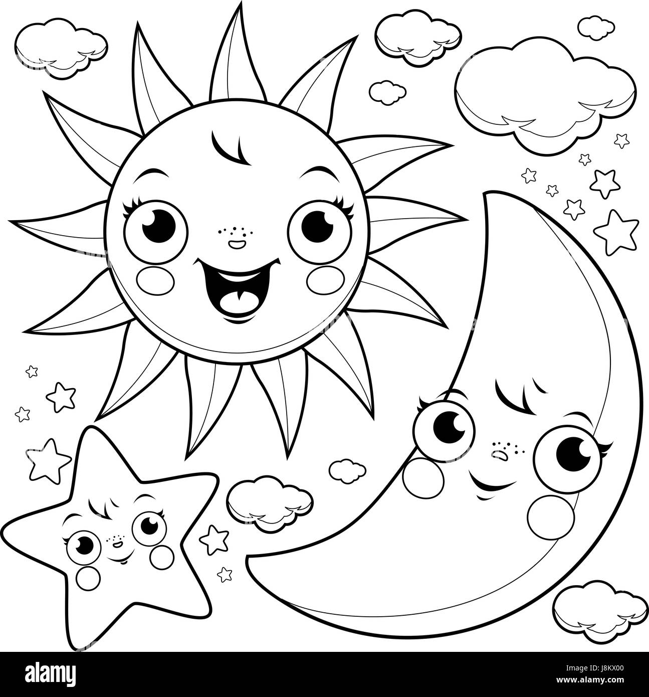 Sun moon and stars coloring page stock vector image art