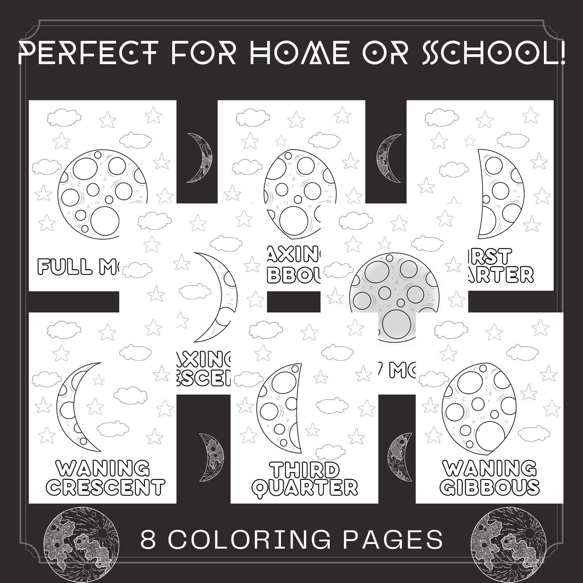 Luna gibosa creciente luna creciente menguante pãginas para colorear de la luna luna creciente coloraciãn espacial pãginas de la luna arte de las fases de la luna magia de la luna luna