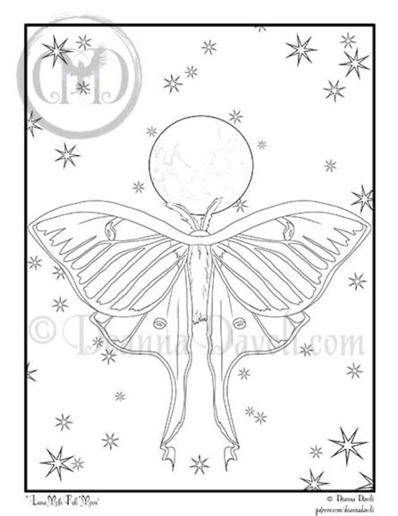 Luna moth coloring page moon phase printable digital download jpg adult coloring pages full moon child green moth mooncycle