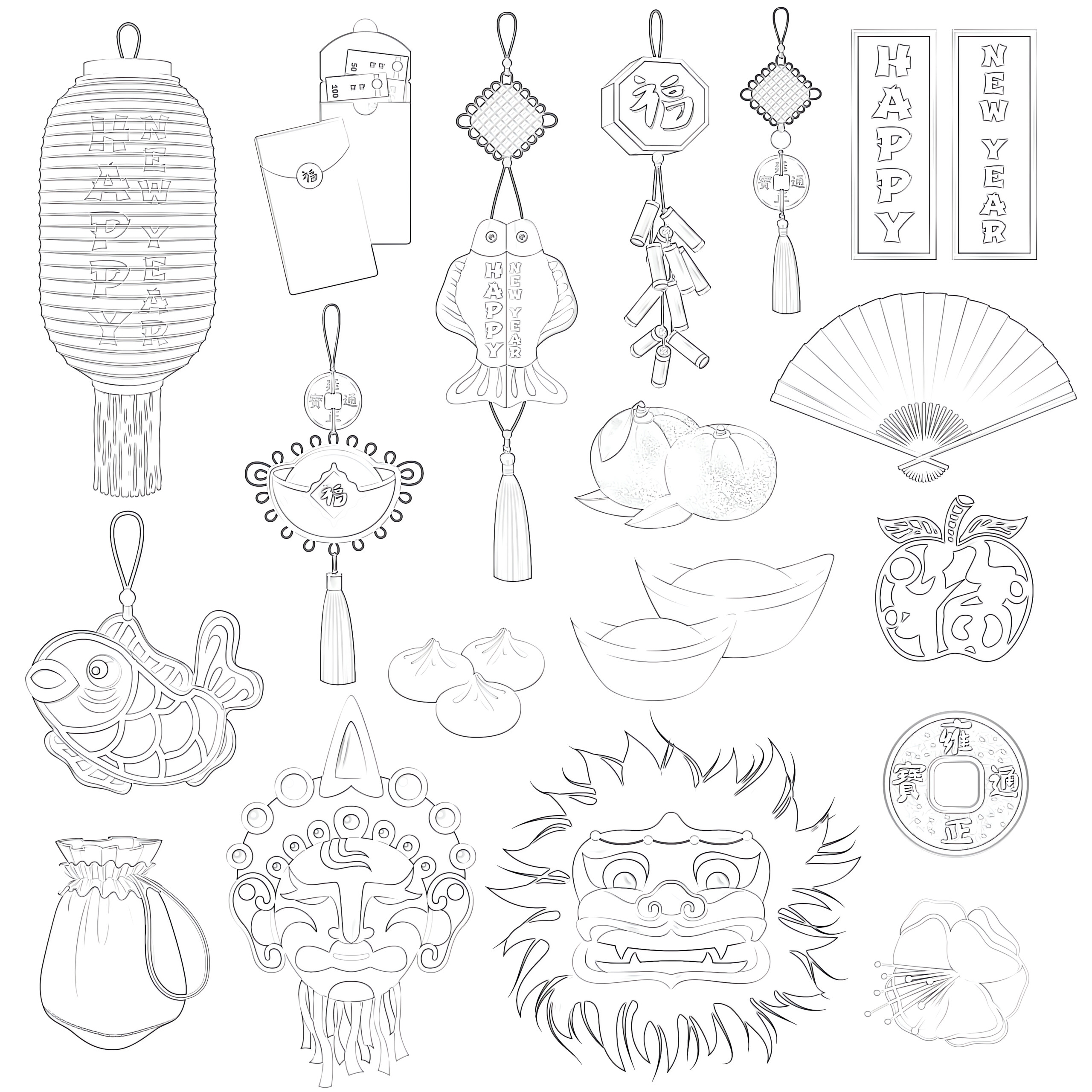 Chinese new year set coloring page