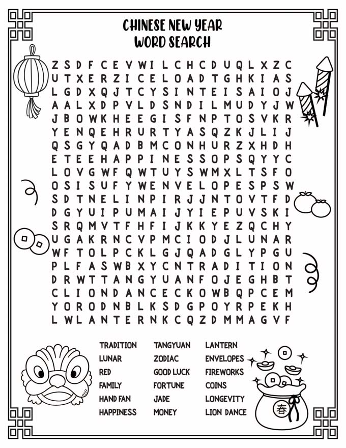 Chinese new year printables free colouring pages word search bingo