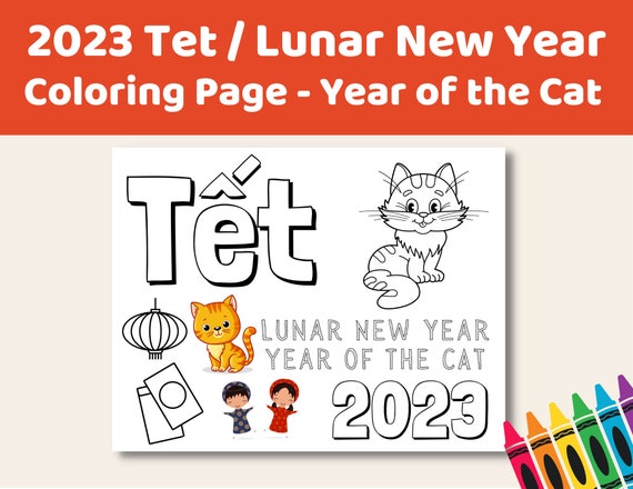 Tet vietnamese new year coloring page printable lunar new year year of the cat vietnamese zodiac signs instant download