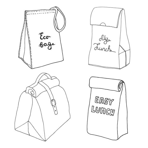 Lunch bag collection easy lunch box concepts eco bag my lunch various food bags and food boxes hand drawn vector sketch set stock illustration