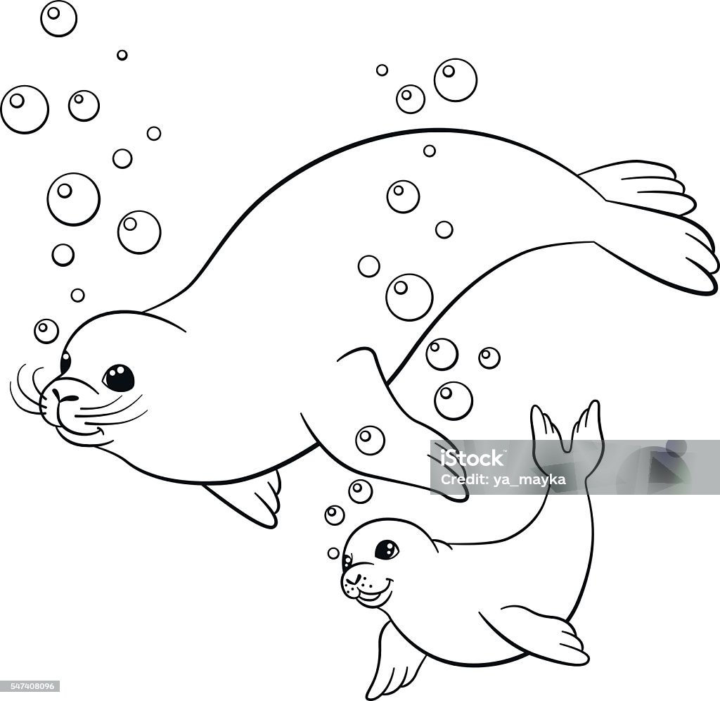 Coloring pages mother fur seal with her little cute baby stock illustration
