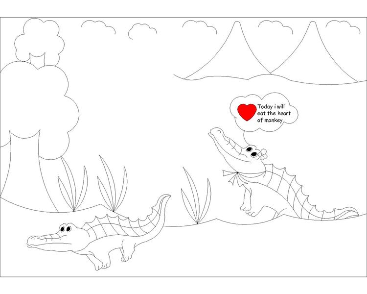 The monkey and the crocodile story coloring page