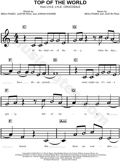 Top of the world from lyle lyle crocodile sheet music for beginners in c major
