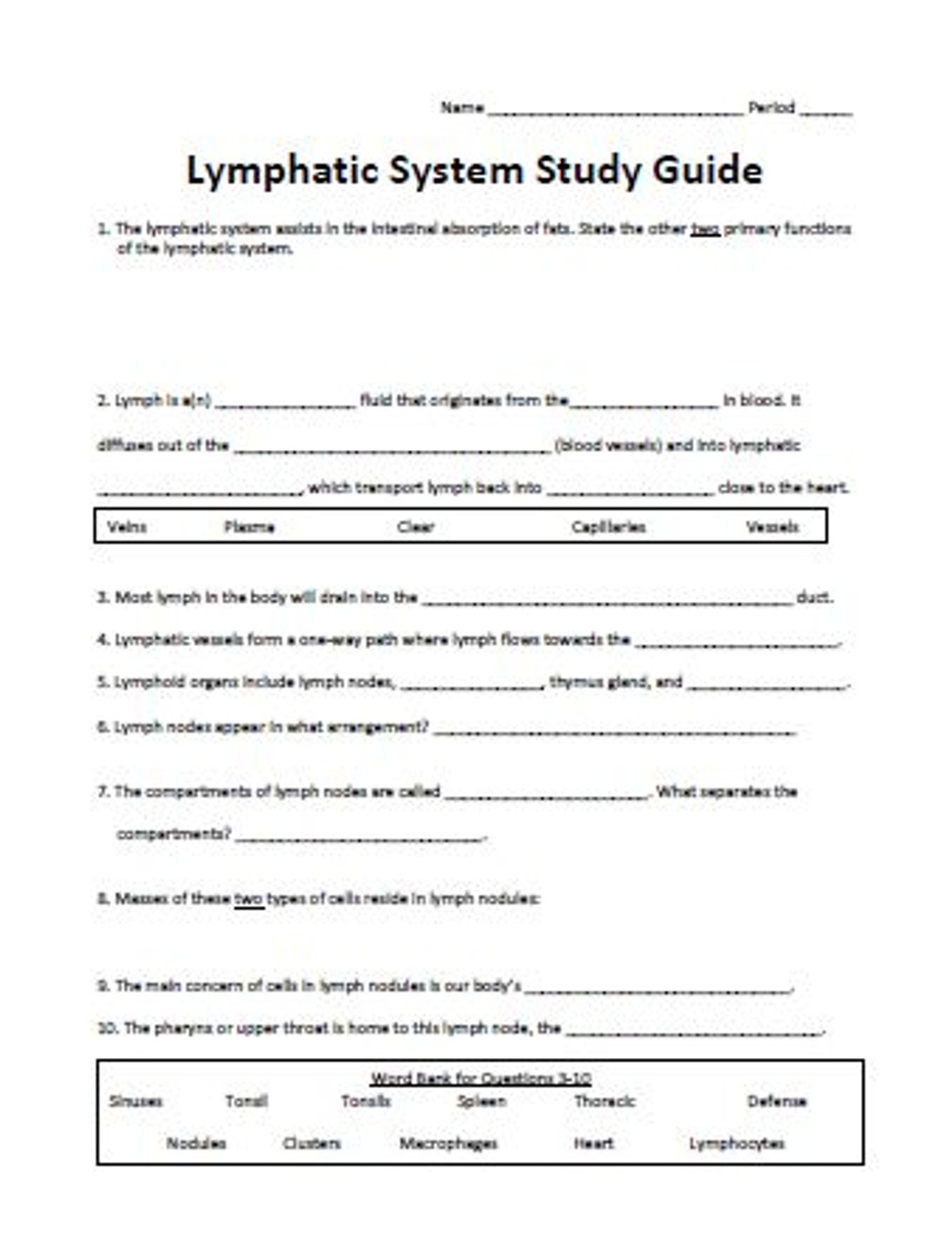 Lymphatic system latin root word worksheet and study guide set