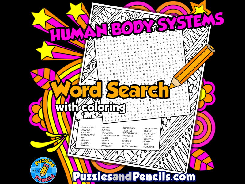 Human body systems word search puzzle with colouring wordsearch teaching resources