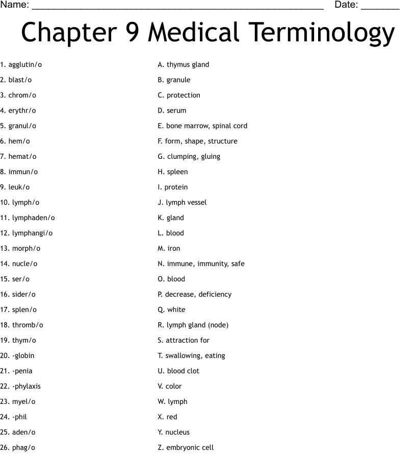 Chapter medical terminology worksheet