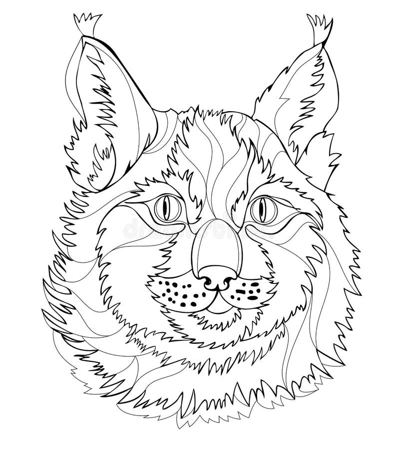 Stylized lynx head black and white page for coloring book pattern for modern print logo embroidery henna mehndi tattoo stock vector