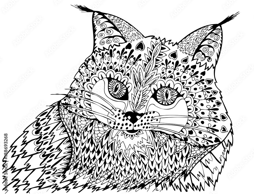 Portrait of a lynx freehand sketch drawing for adult antistress coloring book vector