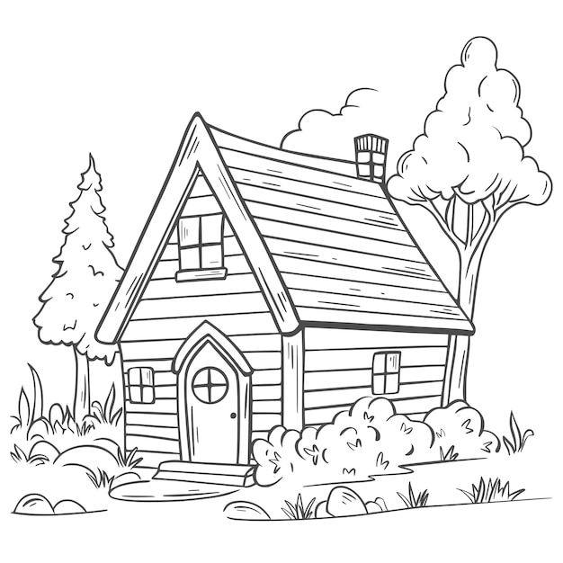 Casa de pueblo de madera dibujada a mano casa de bosquejo con ãrbol arbustos y hierbas dibujos animados de cabaãa rãºstica vector premium