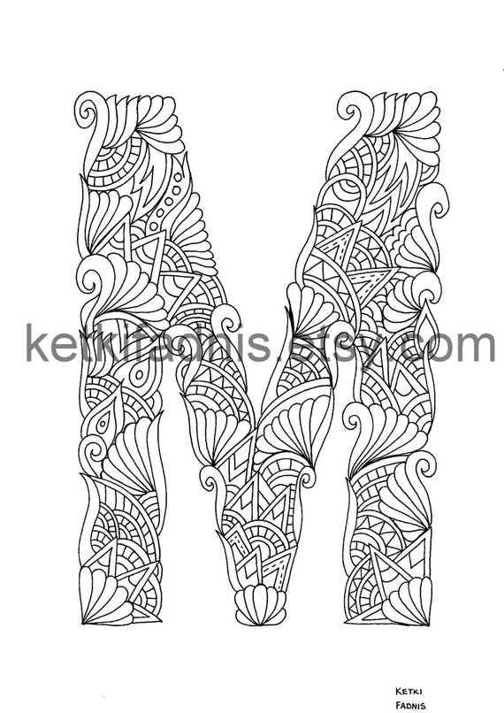 Letter m coloring page instant pdf download alphabet coloring page hand drawn diy printable coloring page letter illustration