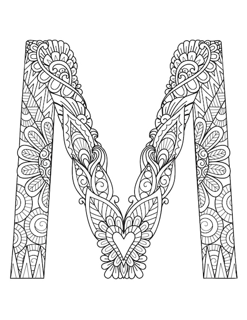 Premium vector mandala letter m monogram adult coloring book engraving design