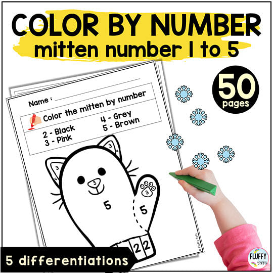 Fun winter mitten color by number counting