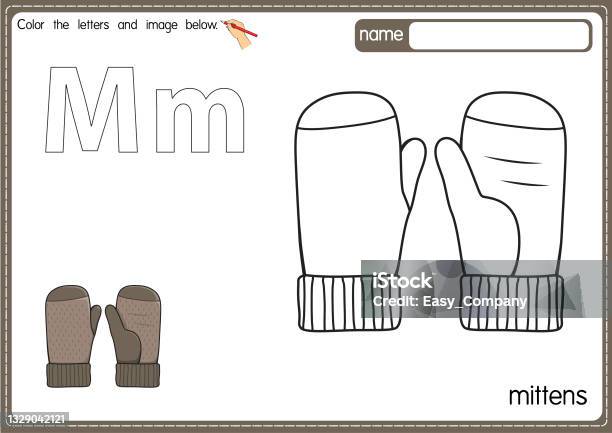 Vector illustration of kids alphabet coloring book page with outlined clip art to color letter m for mittens stock illustration