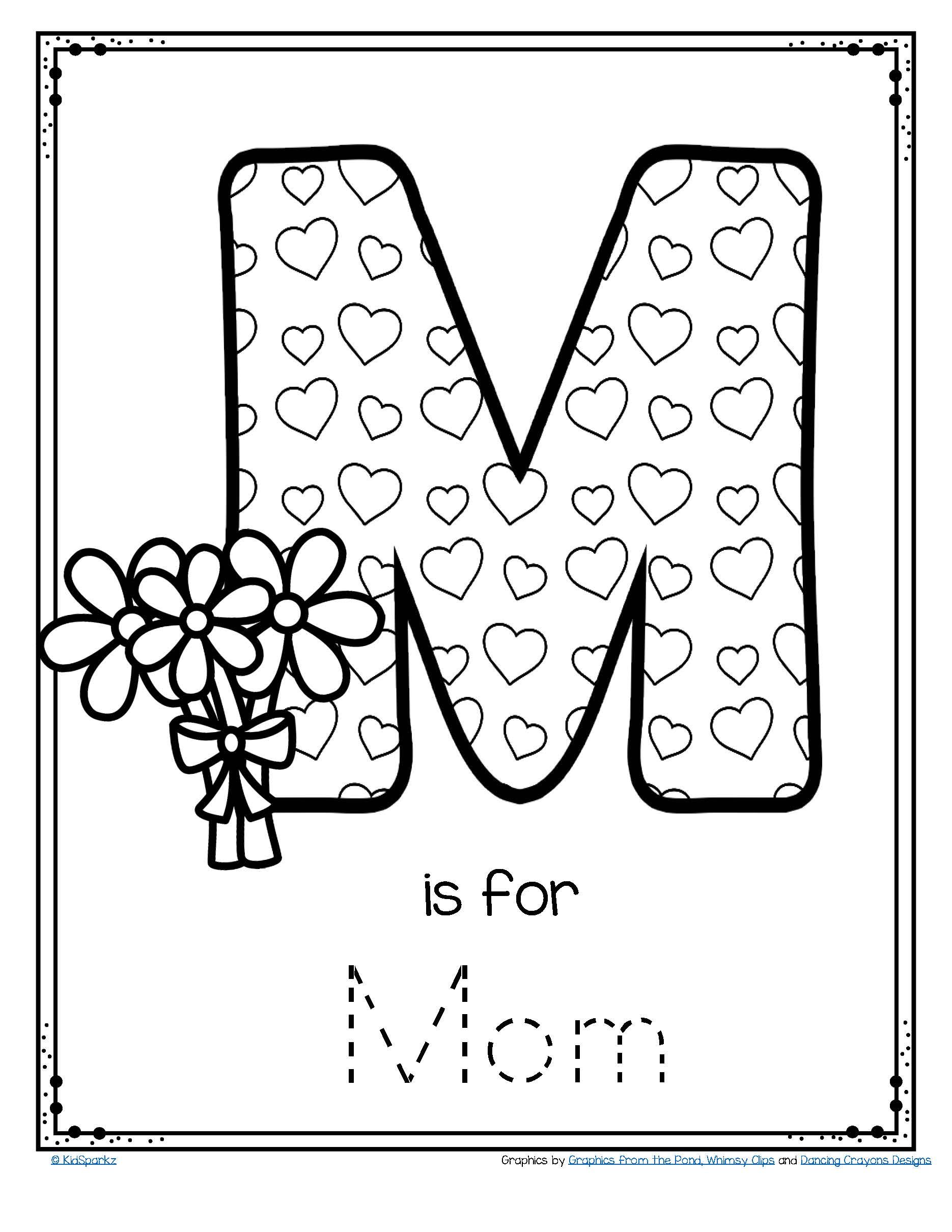 Mothers day poster card m is for mom trace and color free mothers day theme mothers day crafts preschool mothers day crafts for kids