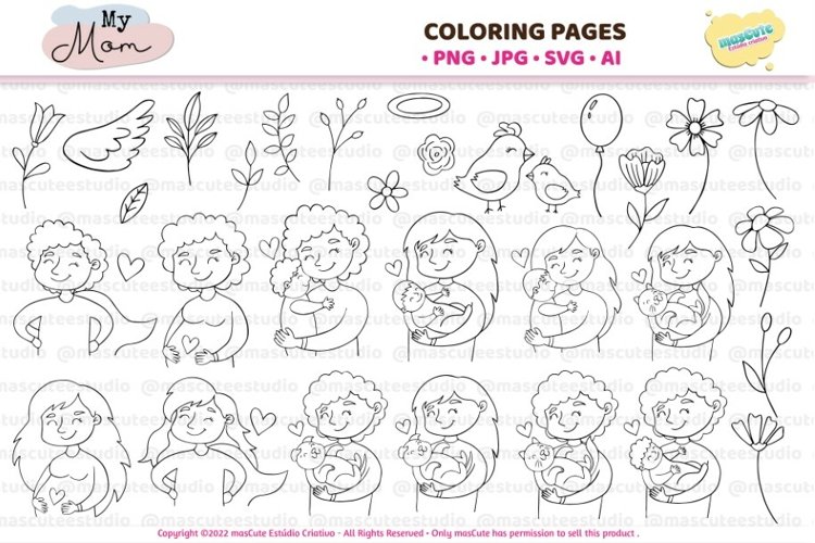 Mothers day coloring pages svg bundle