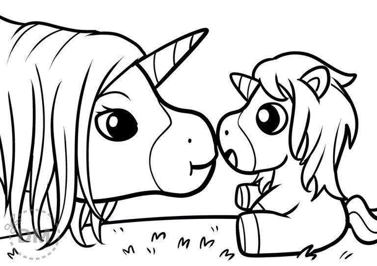 Mom and baby unicorn family coloring page