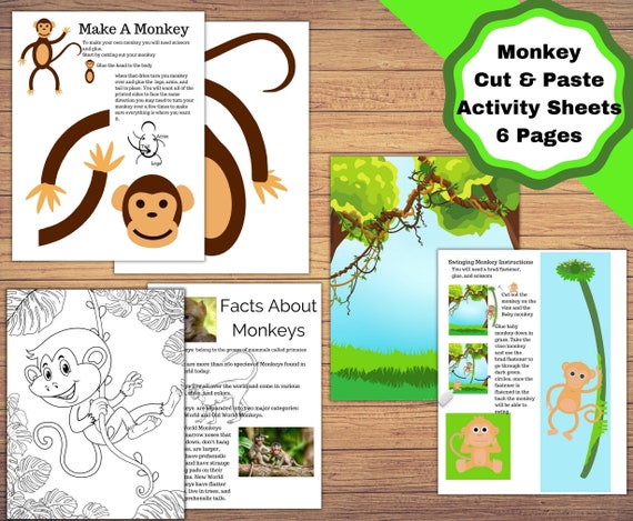Printable monkey cut and paste crafts coloring and educational pages
