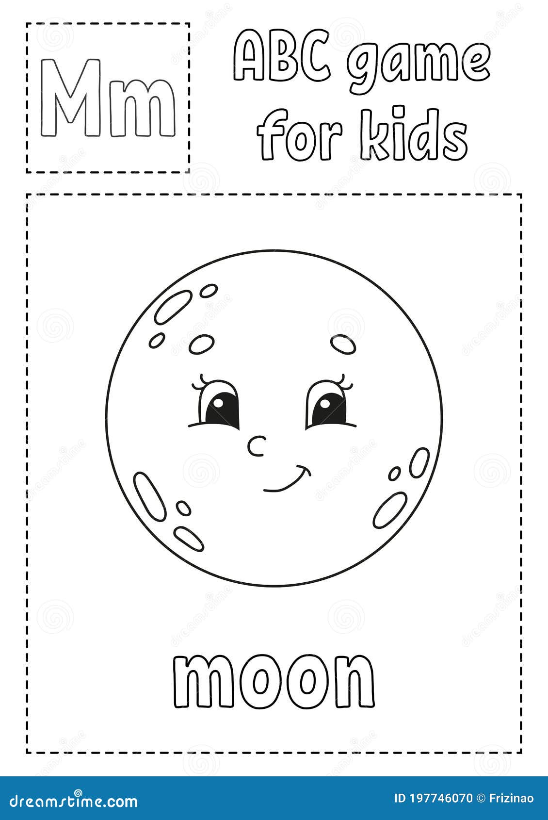 Letter m is for moon abc game for kids alphabet coloring page cartoon character word and letter stock vector