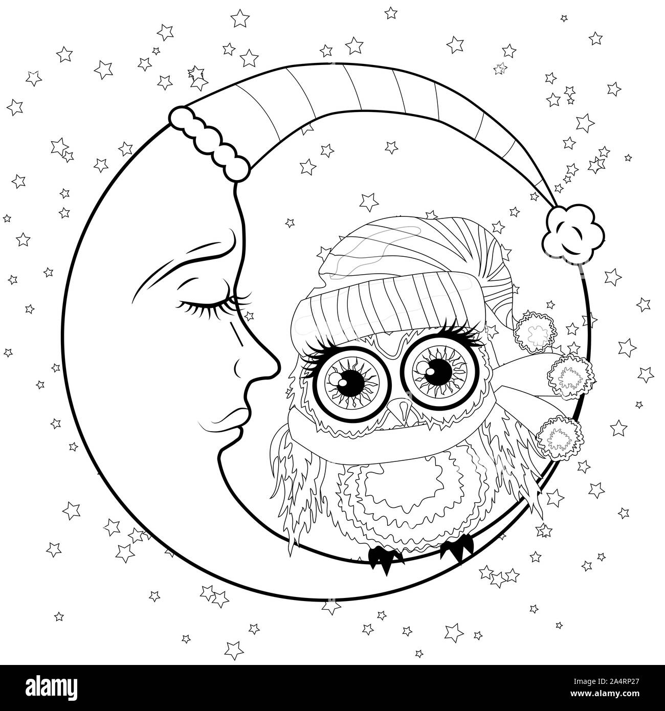 Coloring book for adult and older children coloring page with an owl on the moon among the stars stock photo
