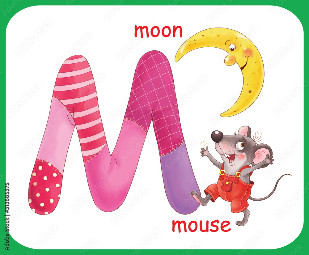English alphabet abc capital letter m mouse moon coloring book coloring page illustration for children cute cartoon characters isolated on white background card poster illustration