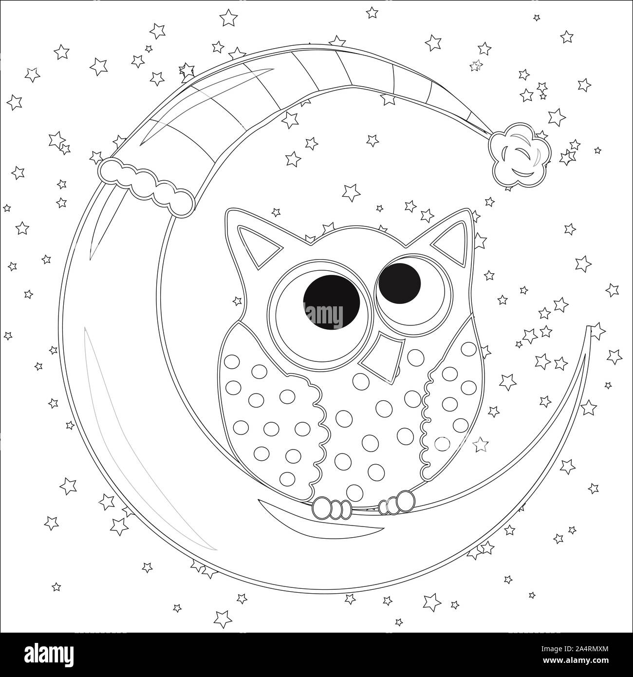 Coloring book for adult and older children coloring page with an owl on the moon among the stars stock photo