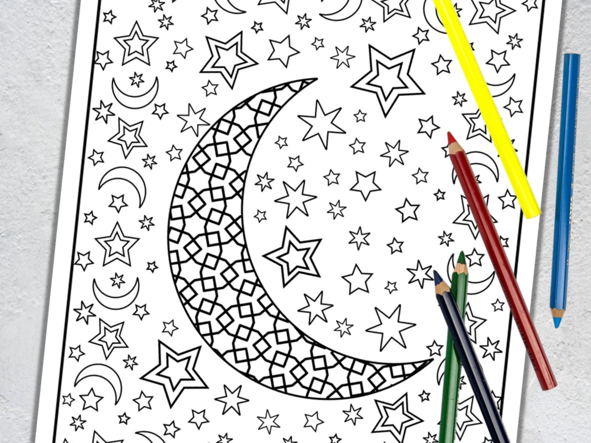Moon and stars coloring page celestial coloring design adult coloring page for relaxation and stress relief pdf instant download