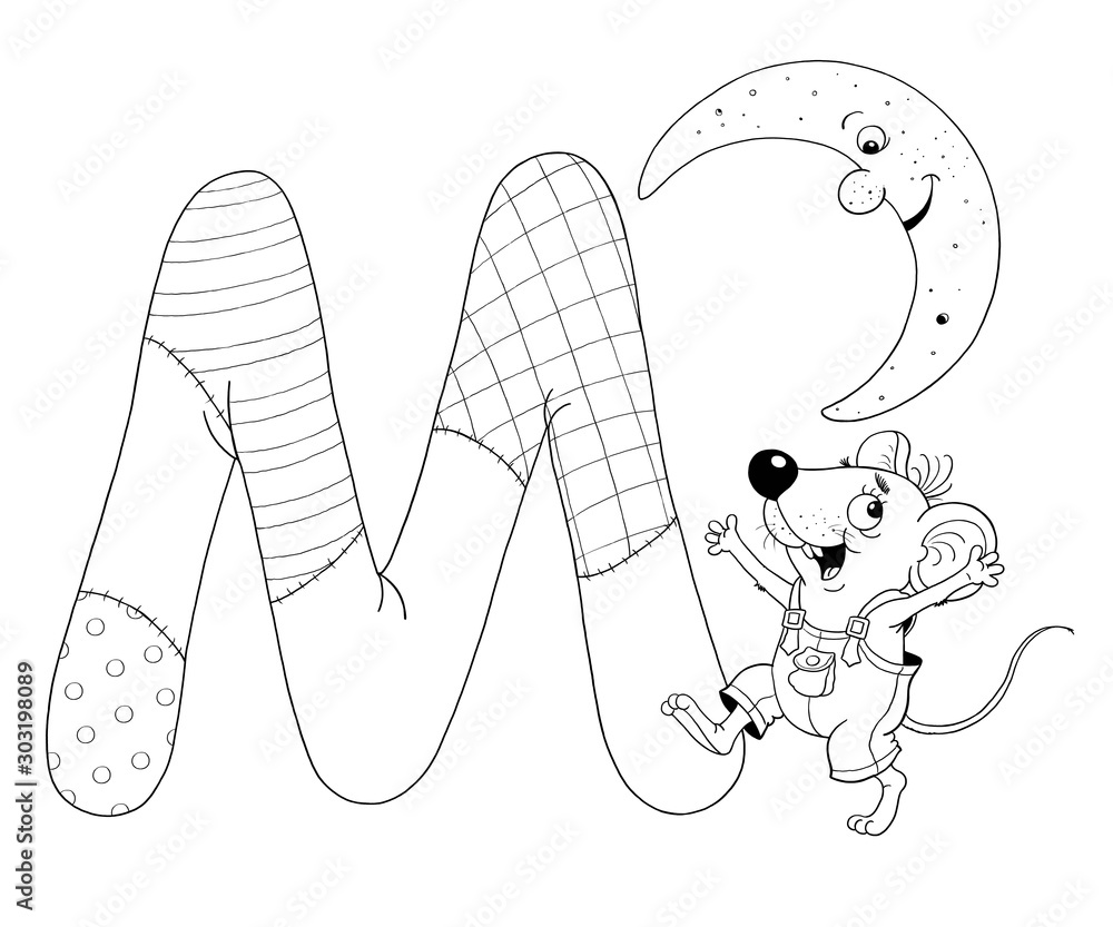 English alphabet abc capital letter m mouse moon coloring book coloring page cute and funny cartoon characters isolated on white illustration