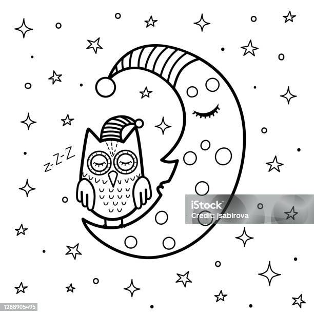 Coloring page for kids with a cute sleeping moon and owl good night black and white fantasy background stock illustration