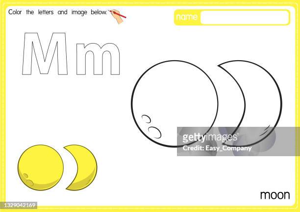 Vector illustration of kids alphabet coloring book page with outlined clip art to color letter m for moon high