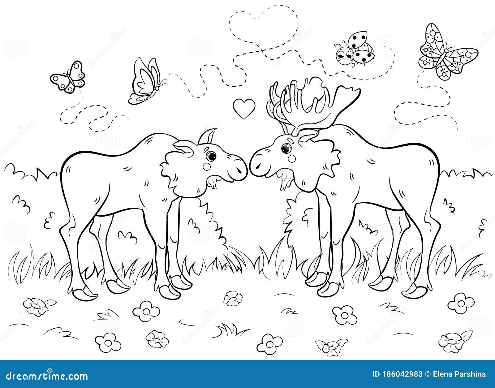Coloring page outline of cute cartoon moose couple in love vector image with forest background stock vector