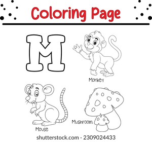 Animal alphabet coloring book illustration outlined stock vector royalty free