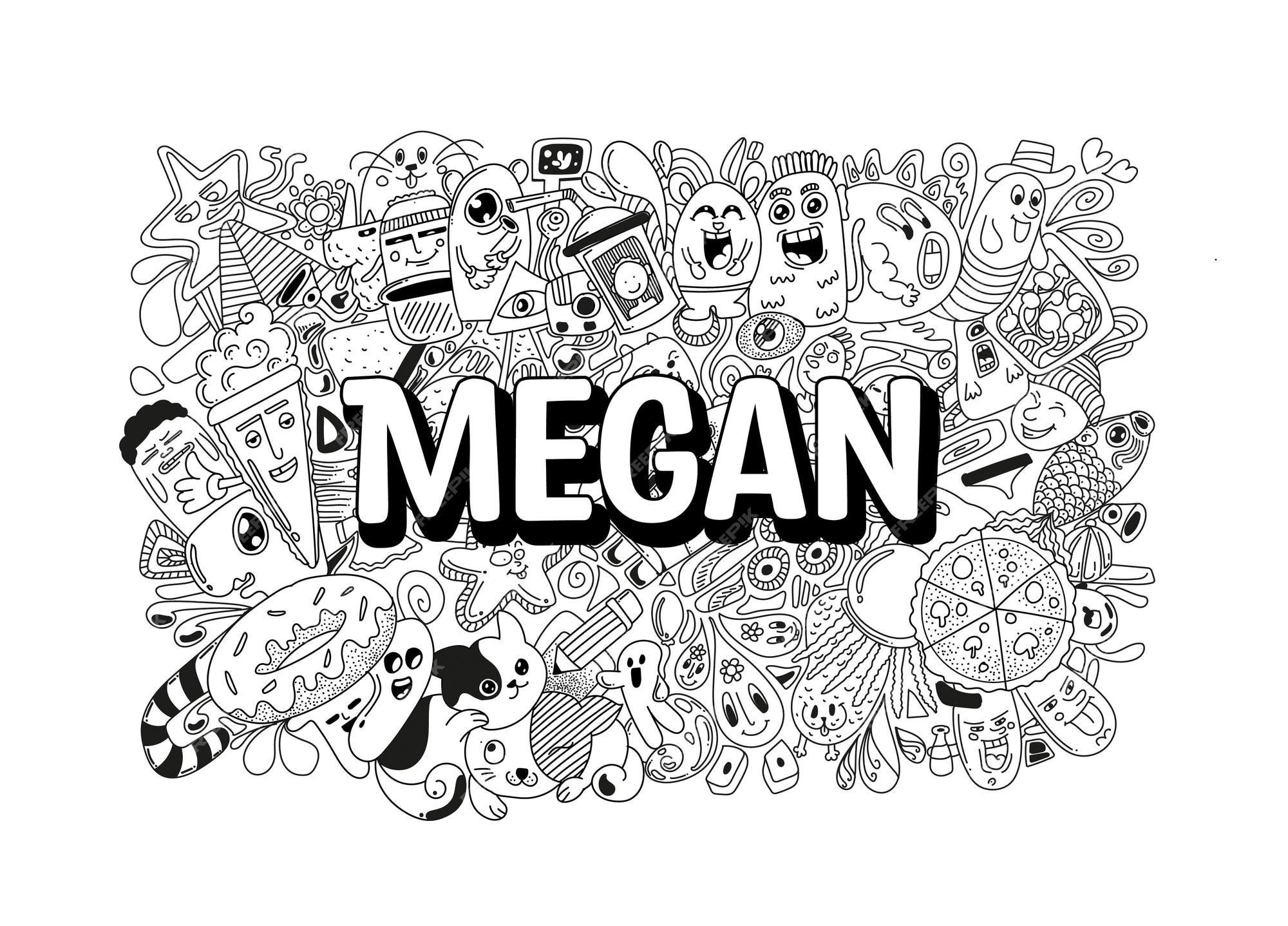 Nome doodle disegnato a mano arte per megan vettore premium