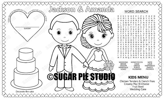 Printable personalized wedding favor menu placemat childrens coloring page activity pdf or jpeg file