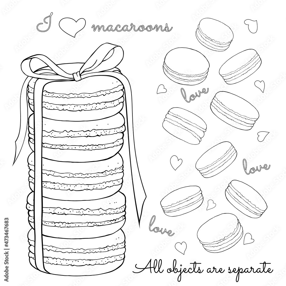 Macarons tied with ribbon valentine day outline freehand drawn for holiday sweet delicious dessert vector illustration isolated on white background separate objects coloring book page vector