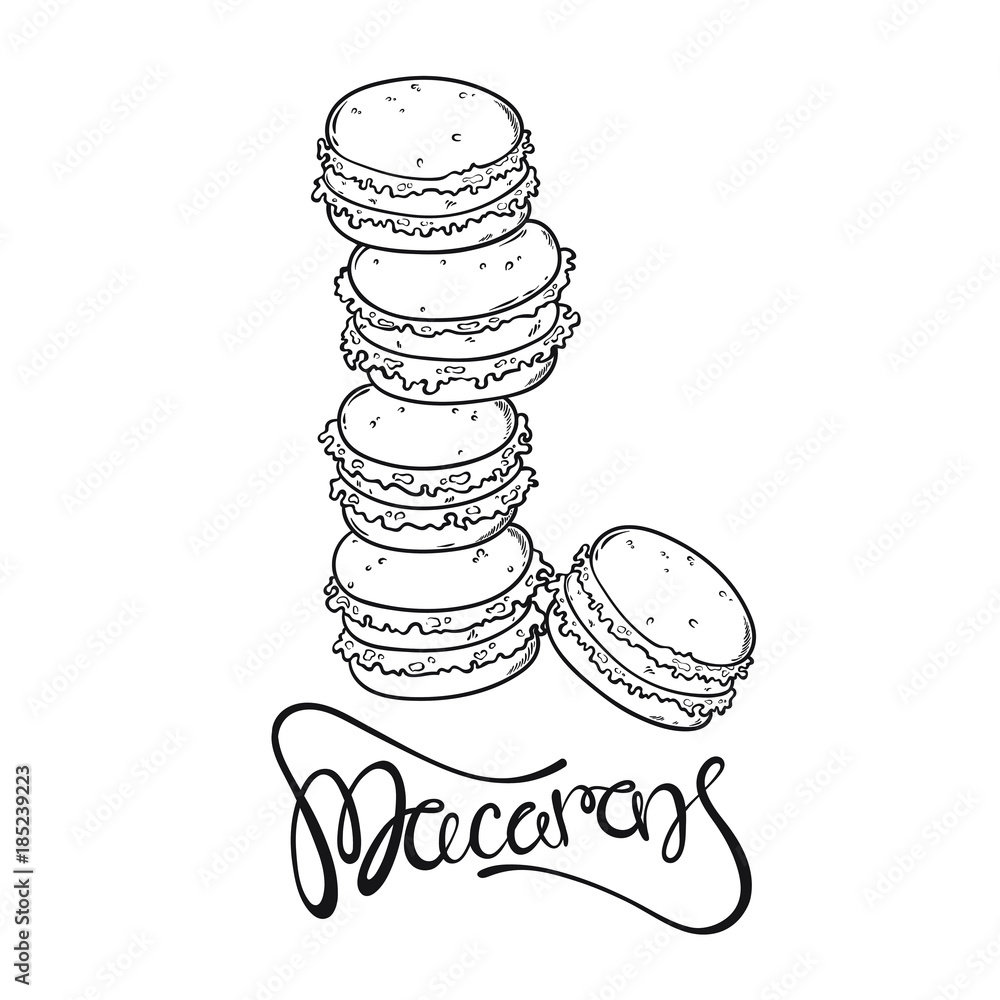 Vector cartoon doodle macaron cakes sketch style vector illustration isolated on white background line art style coloring book page with macaron cakes vector