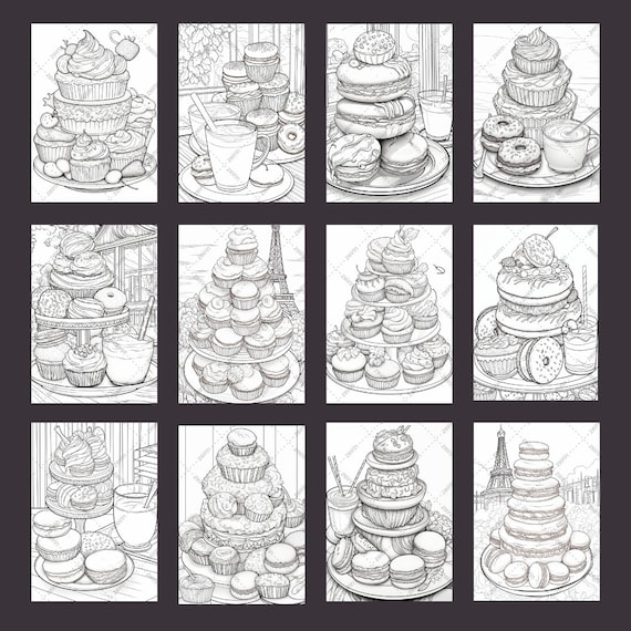 Cupcake donut macaron adult coloring pages printable grayscale coloring books coloring pages for adults printable kawaii coloring