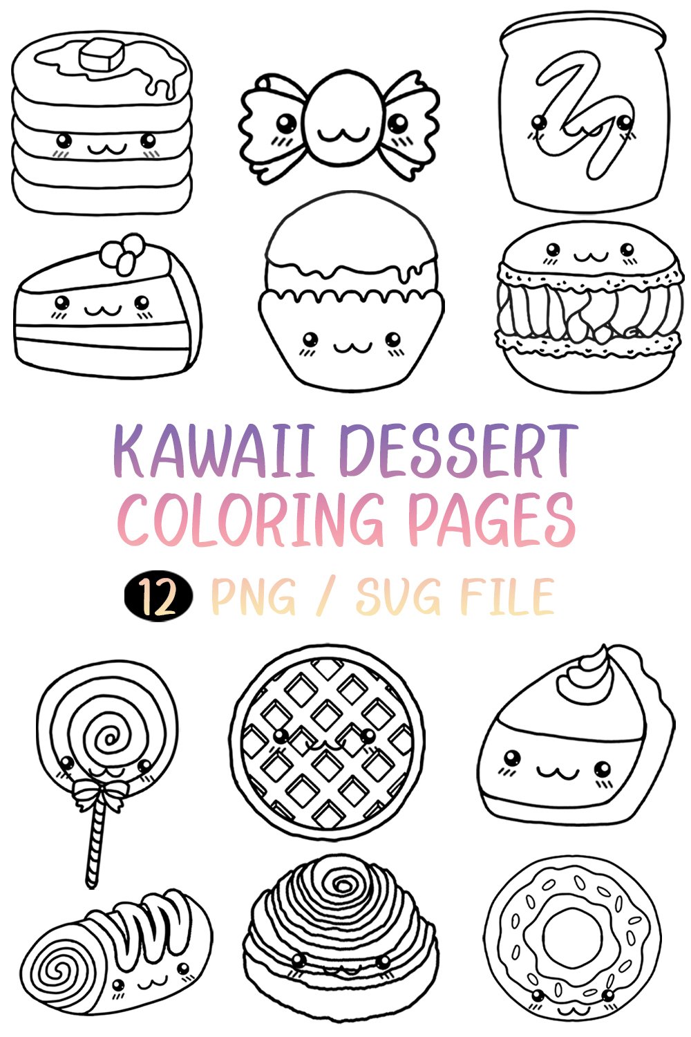 Kawaii dessert coloring page donut macaron png svg