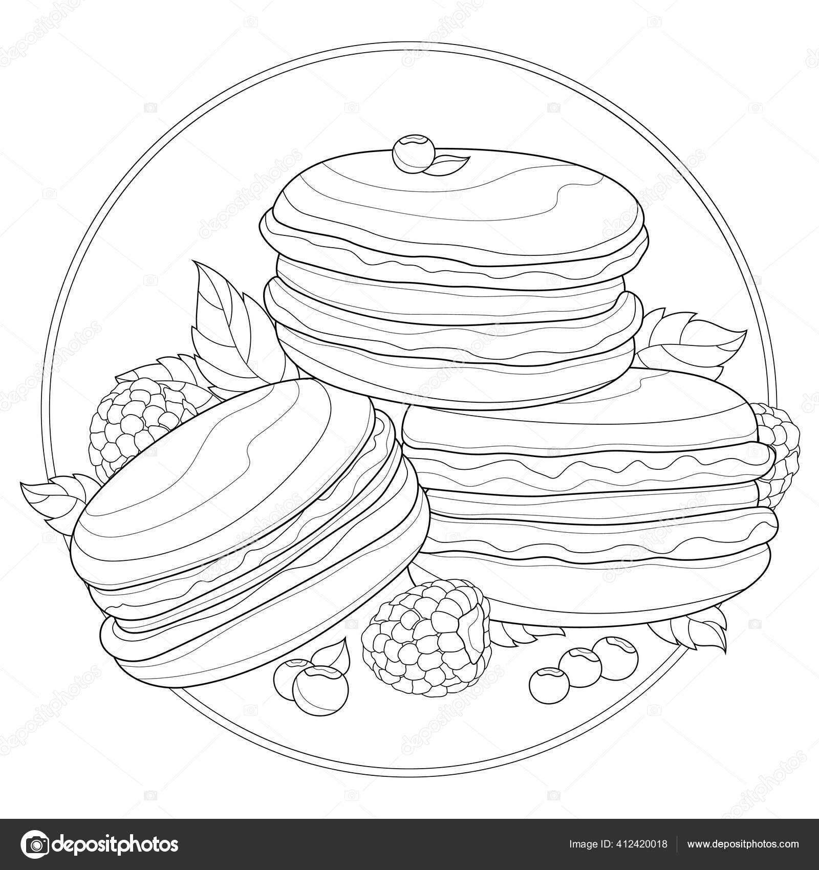 Macaroons raspberries blueberries mint tasty sweets coloring book antistress children stock vector by vlasenkoekaterinkagmail