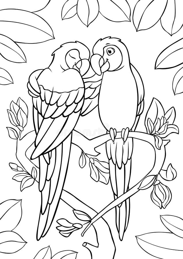 Coloring page two cute parrots red macaw sits and smiles they are in love stock vector