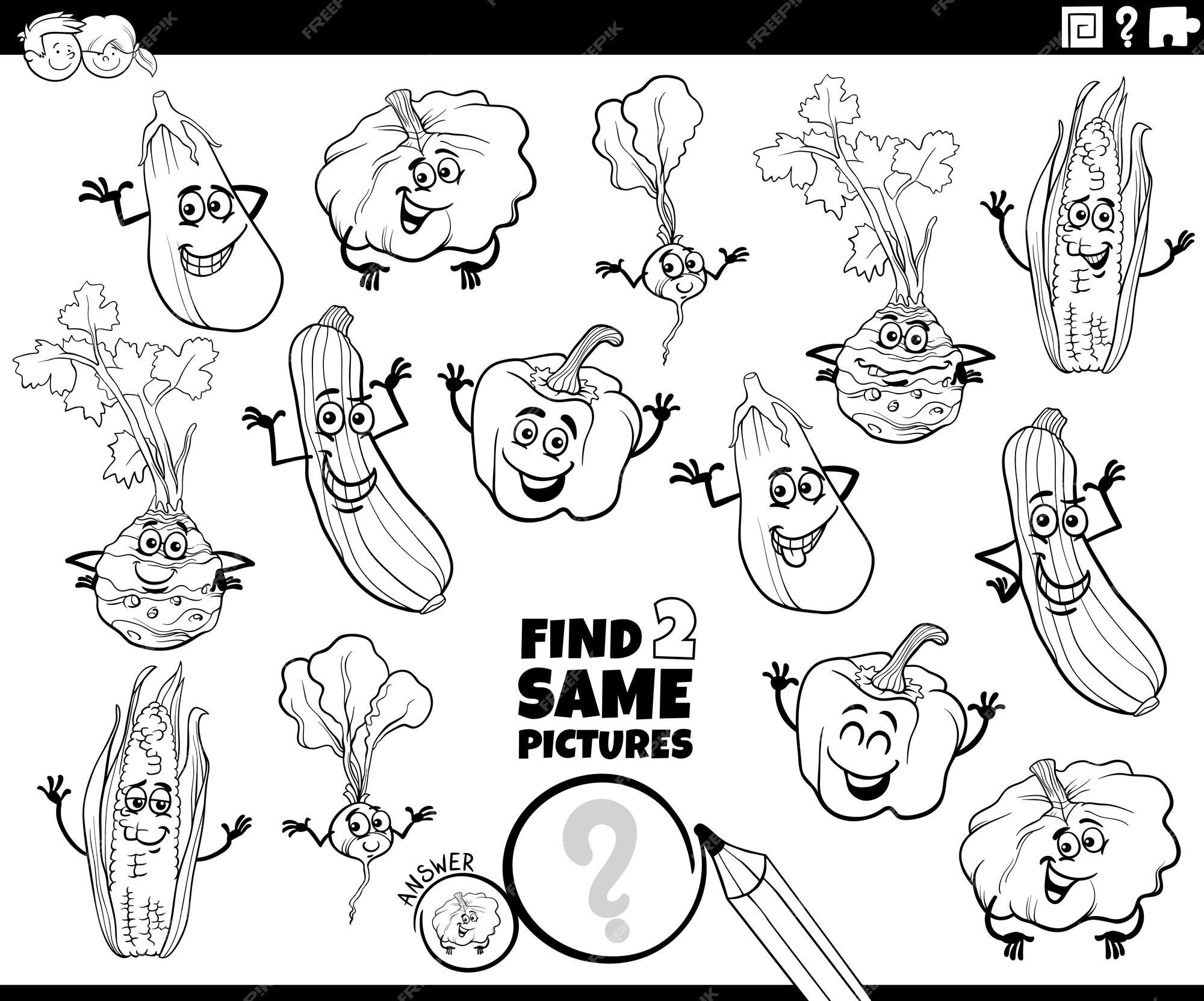Premium vector cartoon illustration of finding two same pictures activity with vegetable characters coloring page